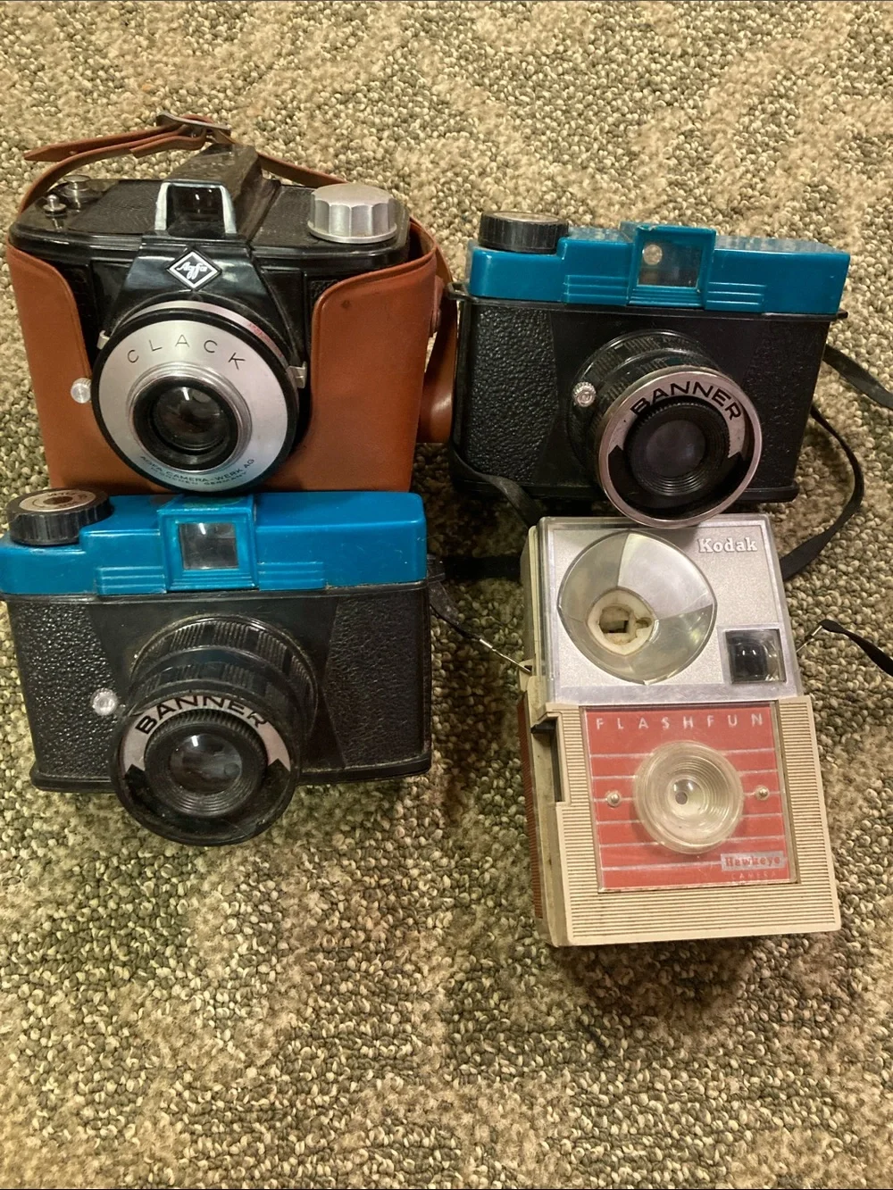 4 vintage film cameras plastic cycle up decor shelf pieces props as is